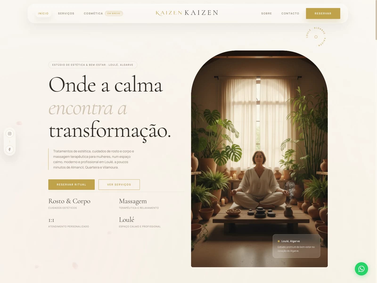 Kaizen Algarve website homepage showing the hero section with the tagline Onde a calma encontra a transformação