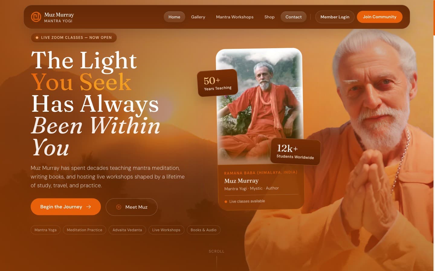 Muz Murray website homepage showing the hero section with the headline The Light You Seek Has Always Been Within You