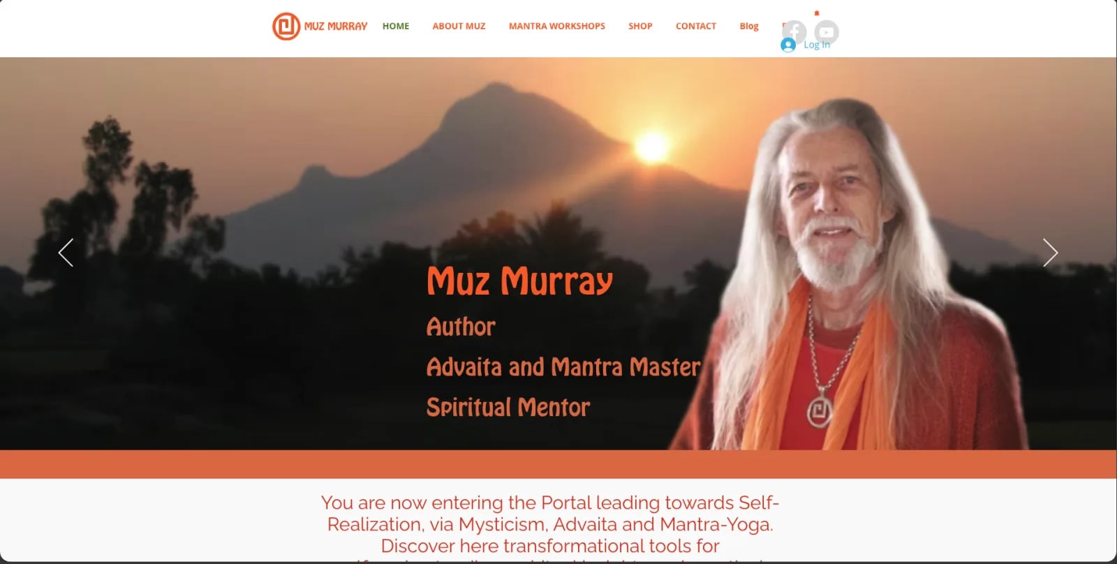 Muz Murray old website homepage before the redesign, with a dated layout, legacy menu, and sunset hero image