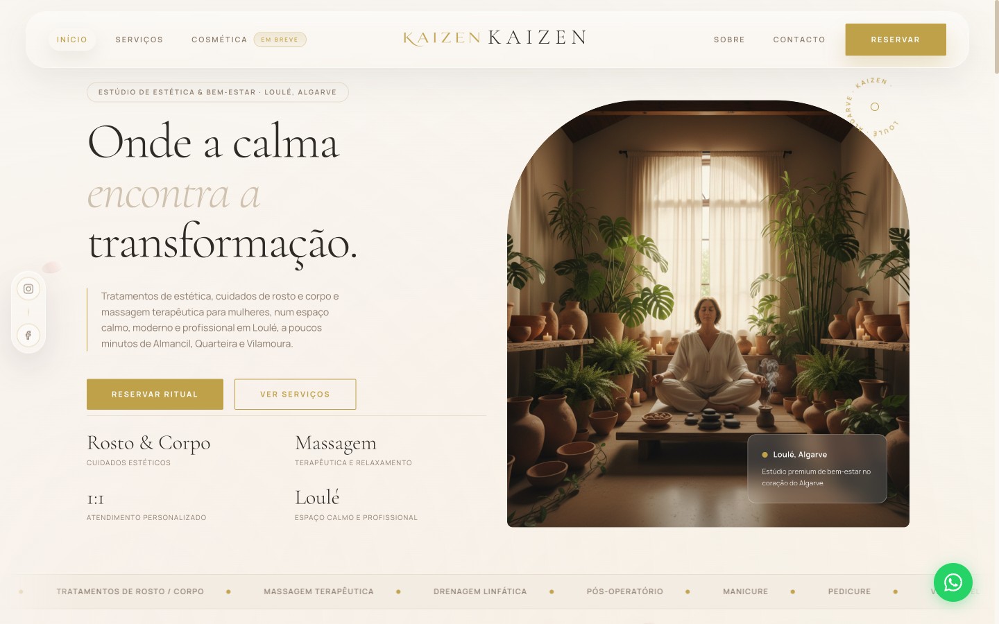 Kaizen Algarve website homepage showing the hero section with the tagline Onde a calma encontra a transformação