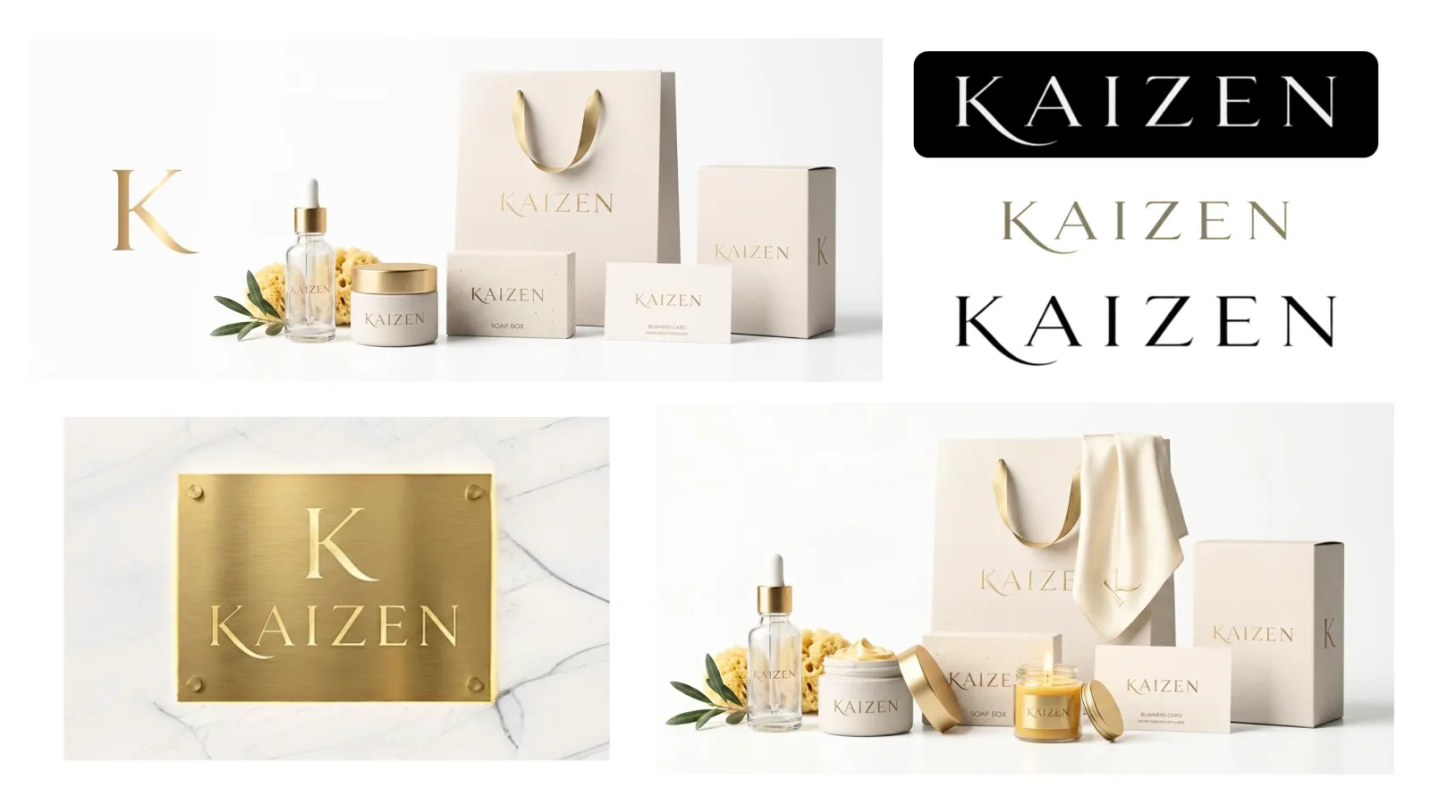 Kaizen brand identity board showing the gold serif wordmark, skincare packaging, and marble plaque mockups for a luxury Algarve beauty studio